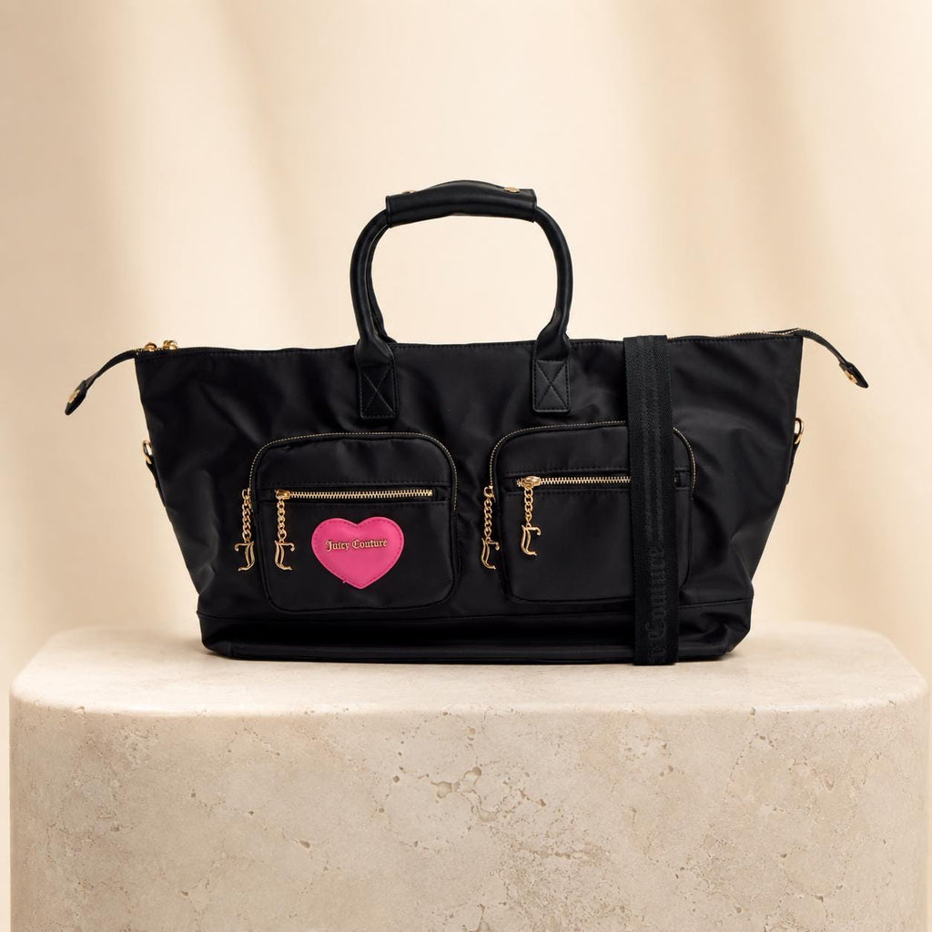 Juicy Couture Black Heart Weekend Bag, Large Black Travel Bag, Pink Heart Logo, Gold Tone Hardware, Shoulder Holdall