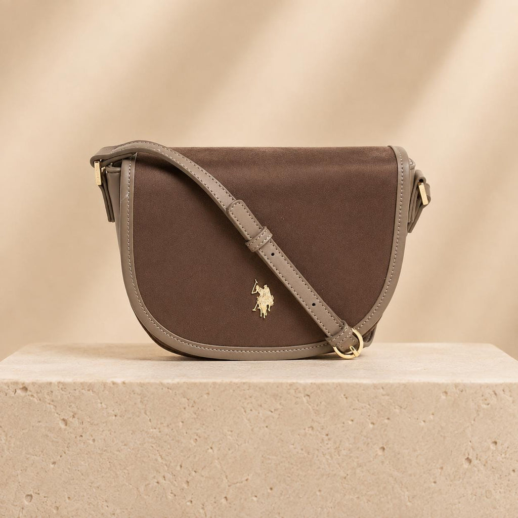 U.S. Polo Assn. Taupe Crossbody Bag, Jones Saddle Shoulder Bag, Adjustable Strap Handbag, Gold Logo Purse, Gift for Her
