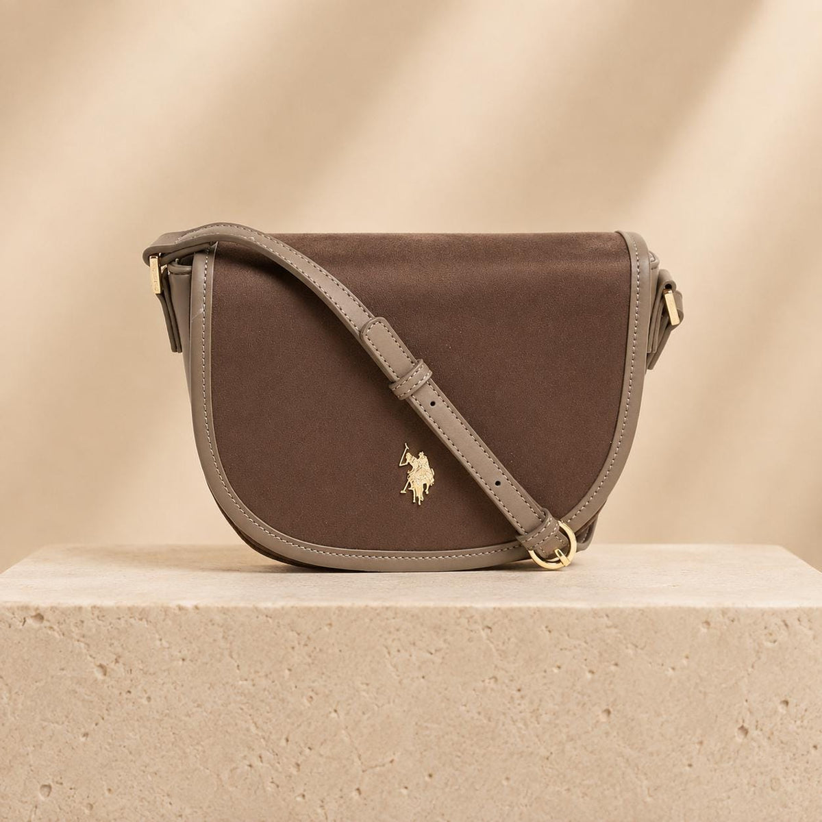 U.S. Polo Assn. Taupe Crossbody Bag, Jones Saddle Shoulder Bag, Adjustable Strap Handbag, Gold Logo Purse, Gift for Her