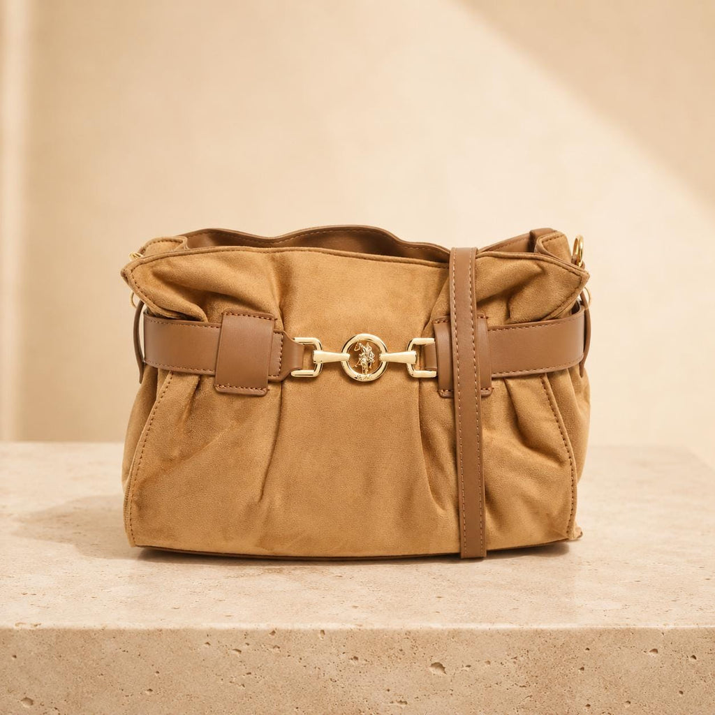 US Polo Assn Light Brown Crossbody Bag, Jane Shoulder Handbag, Gold Horsebit Purse, Adjustable Strap Bag, Everyday Bag, Gift for Her