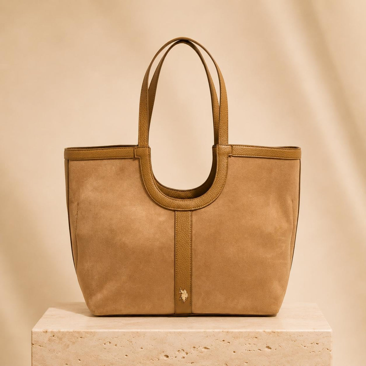U.S. Polo Assn. Tan Tote Bag, Large Shoulder Bag, Suede Look Handbag, Womens Work Shopper, Everyday Bag, Gift for Her