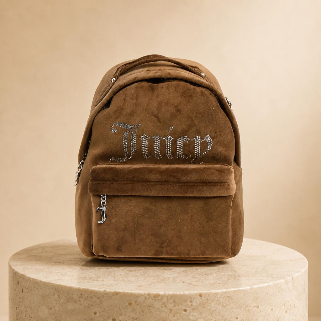 Juicy Couture Brown Velvet Kimberly Backpack, Rhinestone Logo Backpack, Velour Womens Rucksack, Brown Day Bag, Gift for Her