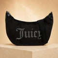 Juicy Couture Black Hobo Shoulder Bag, Rhinestone Embellished Velour Handbag, Slouchy Crescent Bag, Women Gift