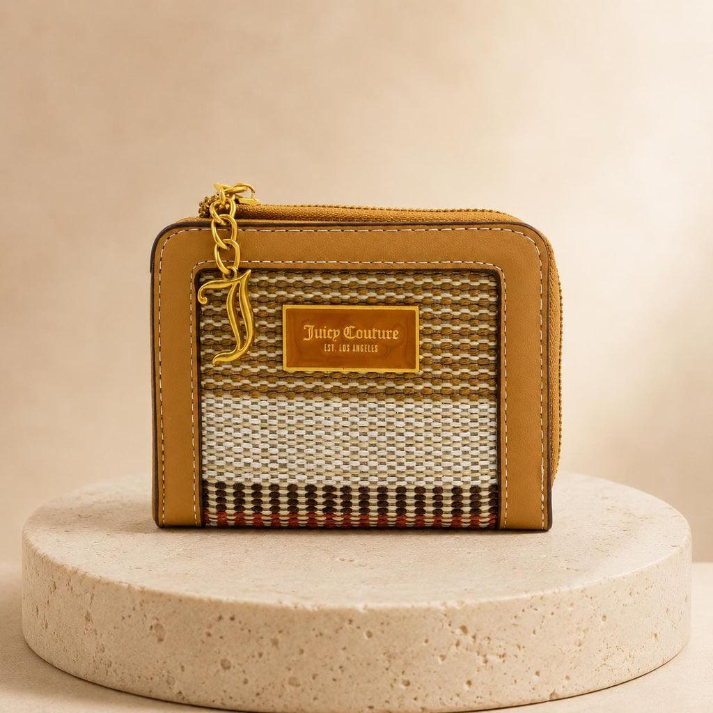 Juicy Couture Brown Madeleine Purse, Woven Wallet, Gold Charm Card Holder, Coin & Cash Pocket, Womens Gift