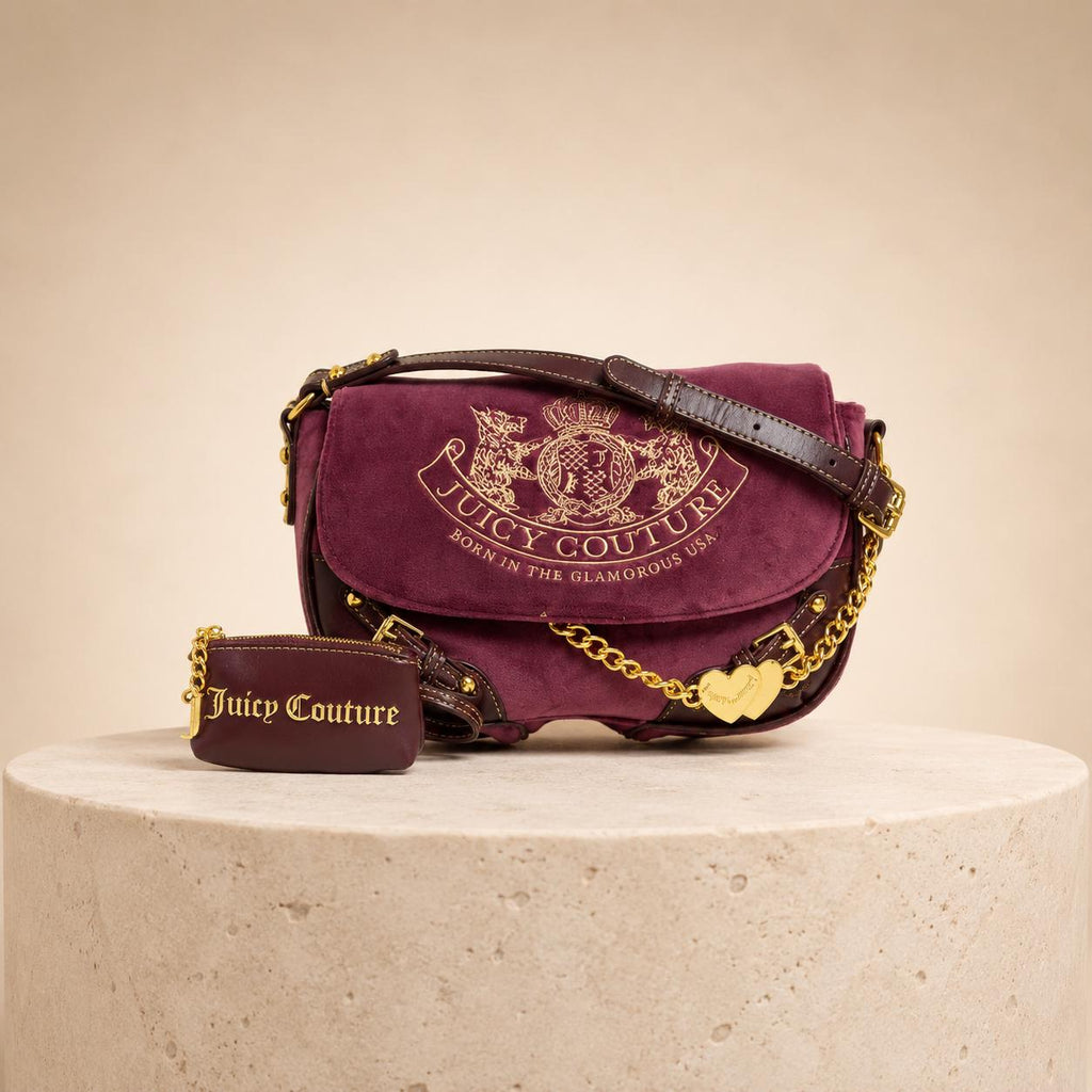 Juicy Couture Burgundy Velour Crossbody Bag, Gold Heart Charm Saddle Shoulder Bag, Dusty Rose Designer Handbag