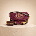 Juicy Couture Burgundy Velour Crossbody Bag, Gold Heart Charm Saddle Shoulder Bag, Dusty Rose Designer Handbag