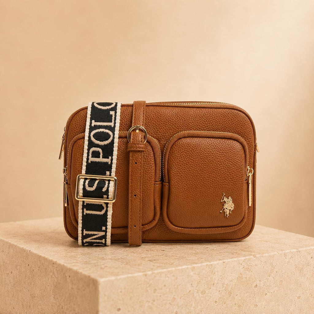 U.S. Polo Assn. Brown Crossbody Bag, Logo Strap Shoulder Bag, Multi Pocket Handbag, Adjustable Strap, Gift for Her