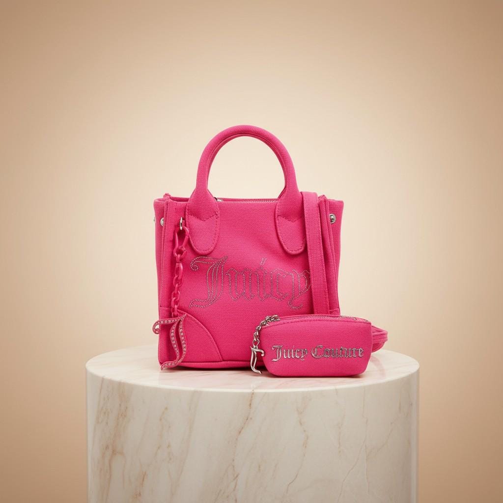 Juicy Couture Pink Iris Tote, Rhinestone Logo Handbag, Pink Shoulder Purse
