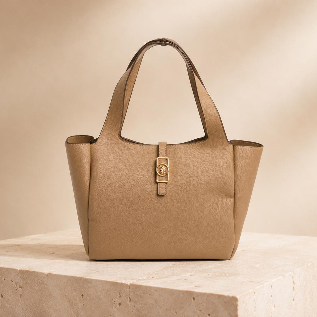 U.S. Polo Assn Taupe Tote Bag, Large Stone Shopping Bag, Structured Shoulder Handbag, Gold Hardware, Everyday Bag for Women