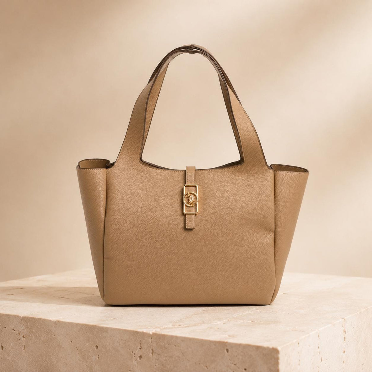 U.S. Polo Assn Taupe Tote Bag, Large Stone Shopping Bag, Structured Shoulder Handbag, Gold Hardware, Everyday Bag for Women