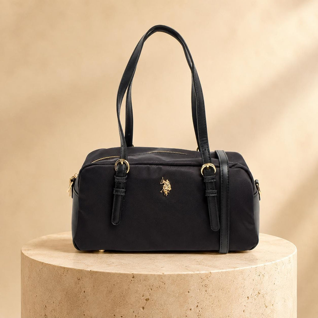 U.S. Polo Assn. Black Houston Bowling Bag, Nylon Shoulder Handbag, Gold Logo Grab Bag, Adjustable Strap, Gift for Her