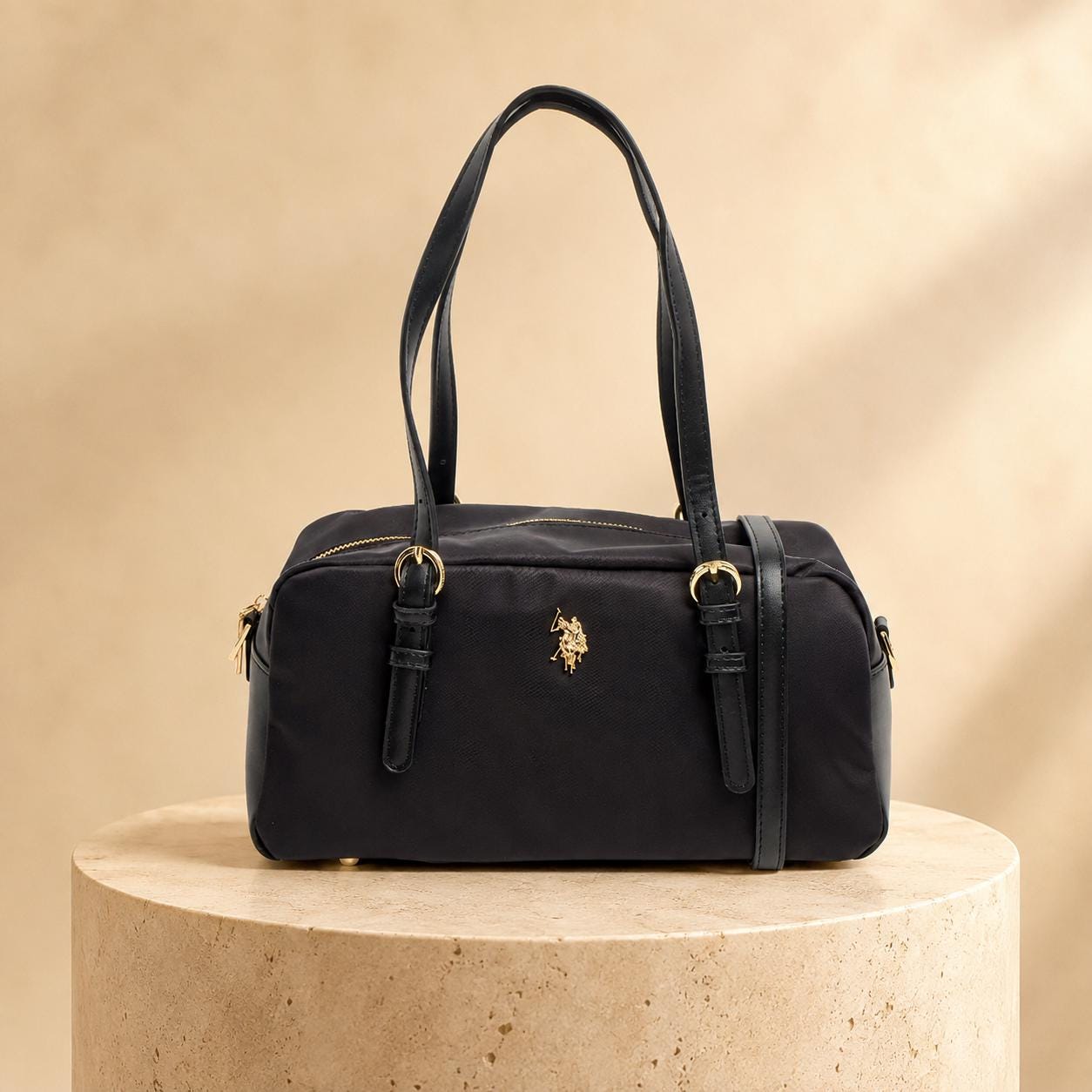 U.S. Polo Assn. Black Houston Bowling Bag, Nylon Shoulder Handbag, Gold Logo Grab Bag, Adjustable Strap, Gift for Her