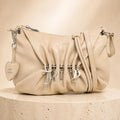 Juicy Couture Marshmallow Jade Shoulder Bag, Cream Ruched Handbag, Silver Charm Logo Purse, Women’s Designer Shoulder Bag