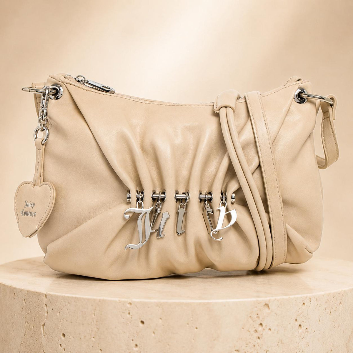 Juicy Couture Marshmallow Jade Shoulder Bag, Cream Ruched Handbag, Silver Charm Logo Purse, Women’s Designer Shoulder Bag