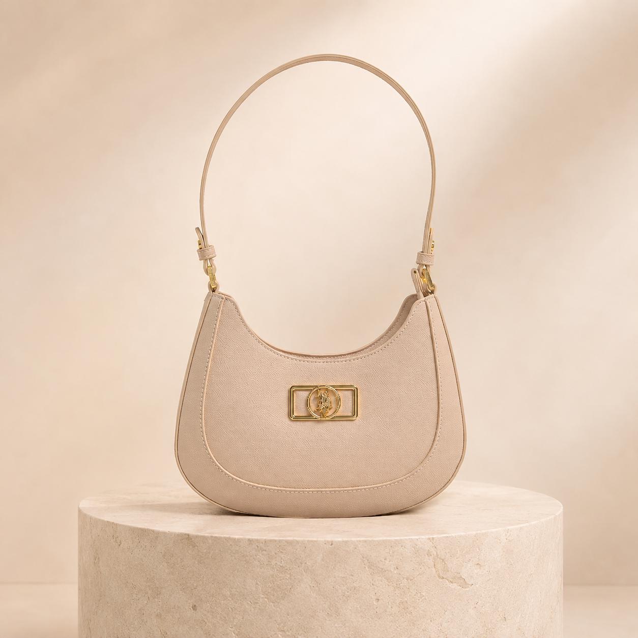U.S. Polo Assn Pink Shoulder Bag, Faux Leather Handbag, Gold Logo Purse, Pink Hobo Bag, Womens Everyday Bag, Gift for Her