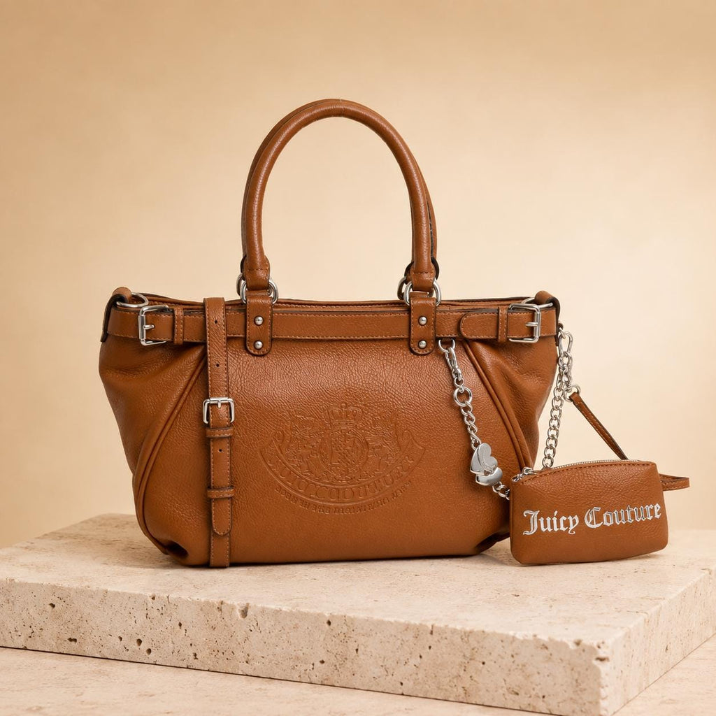 Juicy Couture Tan Shoulder Bag, Twig Narrative Handbag, Brown Crossbody Bag with Pouch, Silver Charm Designer Bag