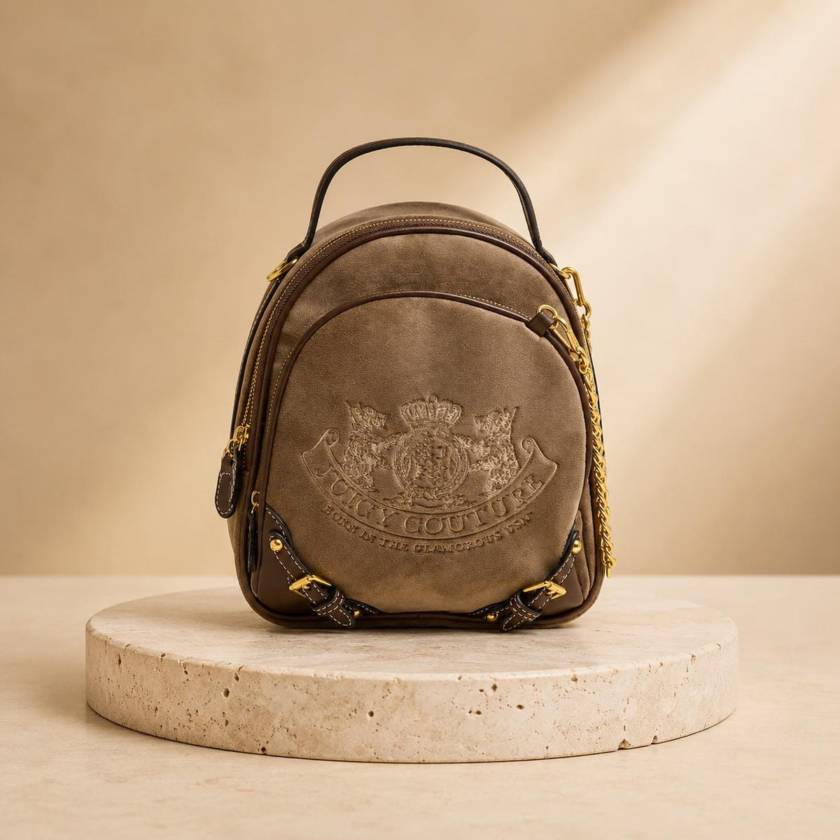 Juicy Couture Brown Plush Mini Backpack, Embroidered Logo Backpack, Gold Tone Chain Bag, Women’s Designer Style Backpack