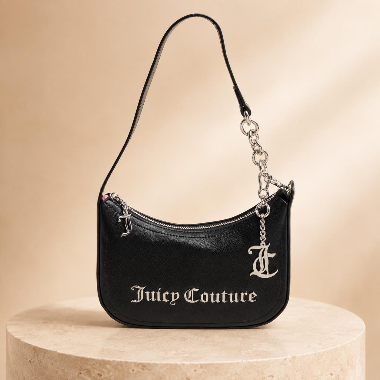 Juicy Couture Black Jasmine Shoulder Bag, Silver Chain Charm Handbag, Logo Zip Purse, Women’s Designer Bag, Gift for Her