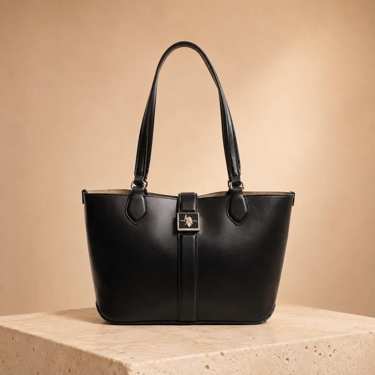 US Polo Assn Black Margaret Tote Bag, Womens Large Shoulder Handbag, Gold Logo Work Shopper Bag with Pouch, Gift for Her