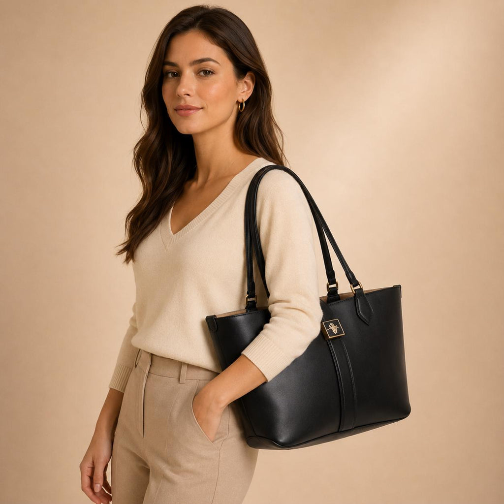 US Polo Assn Black Margaret Tote Bag, Womens Large Shoulder Handbag, Gold Logo Work Shopper Bag with Pouch, Gift for Her