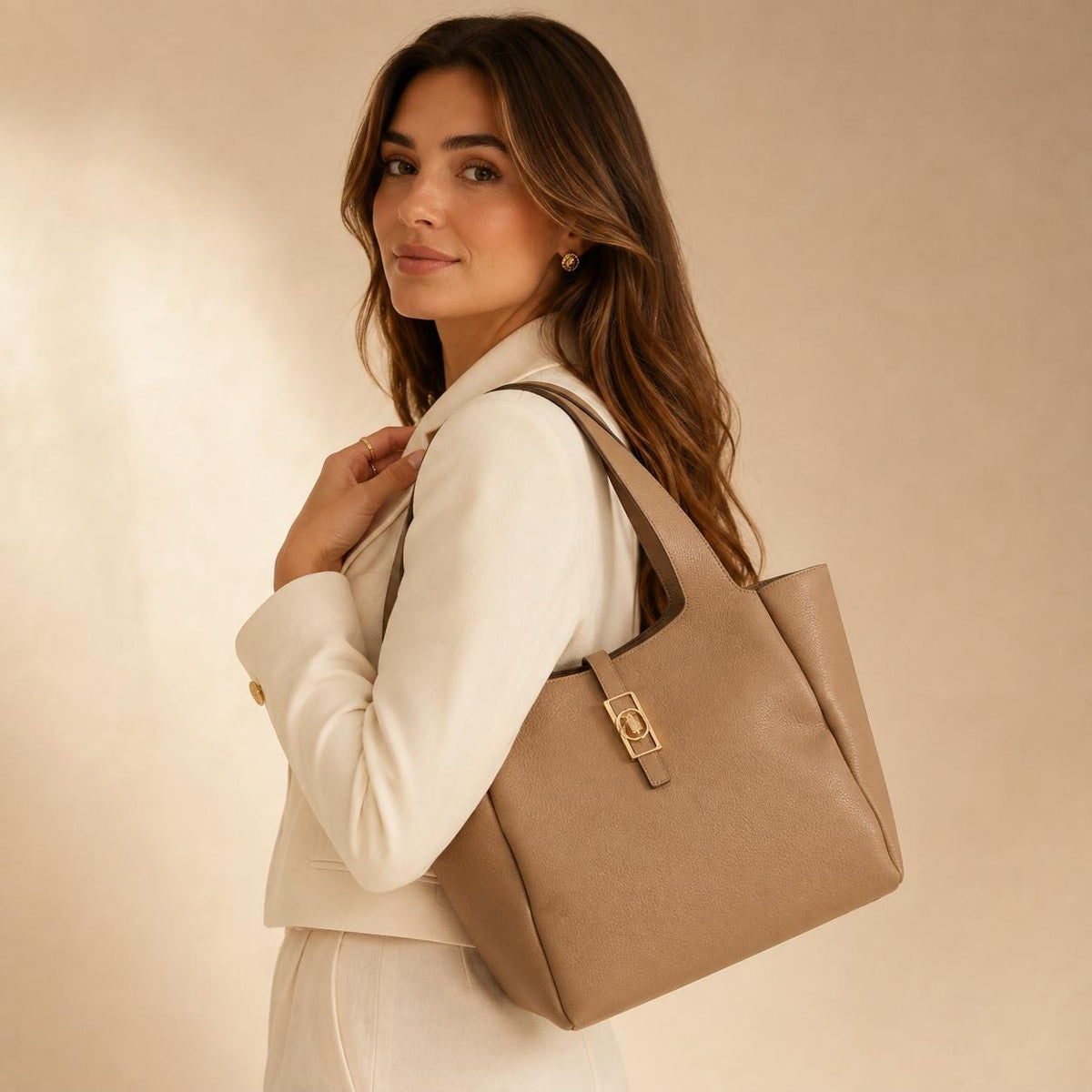 U.S. Polo Assn Taupe Tote Bag, Large Stone Shopping Bag, Structured Shoulder Handbag, Gold Hardware, Everyday Bag for Women