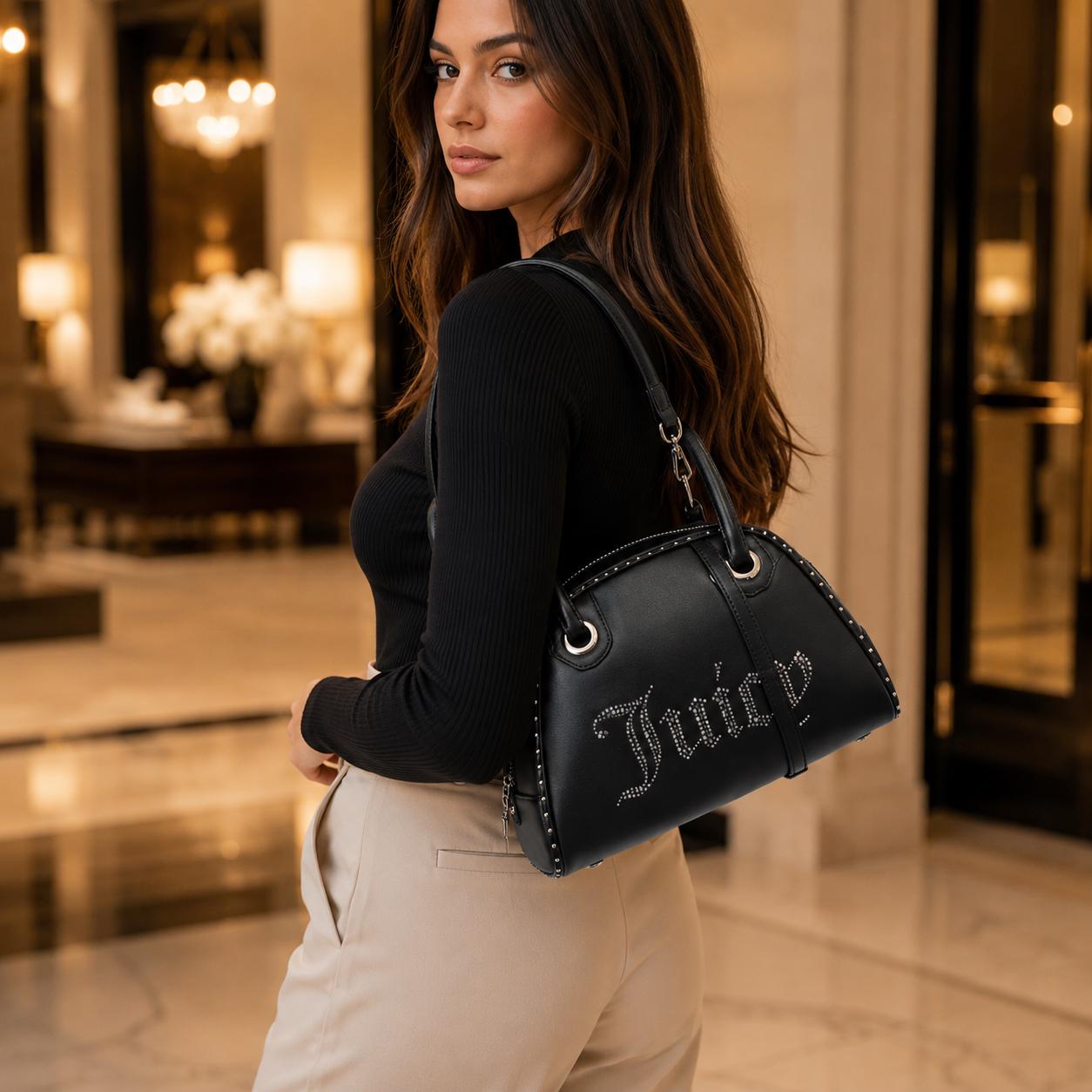 Juicy Couture Black Kimberly Bowling Bag, Studded Logo Handbag, Black Shoulder Bag, Silver Hardware Designer Bag