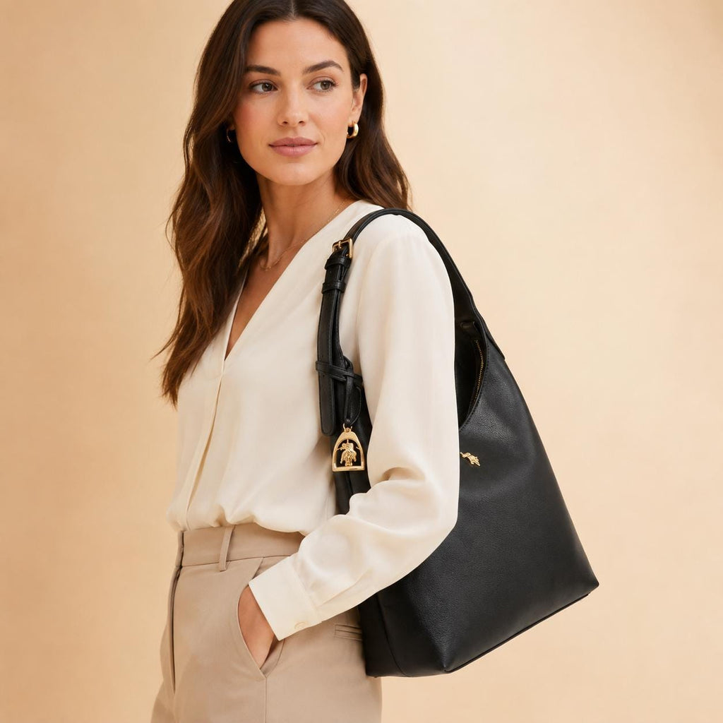 US Polo Assn Black Jones Hobo Shoulder Bag | Women’s Black Handbag | Gold Logo Top Handle Bag | Everyday Designer Style Gift