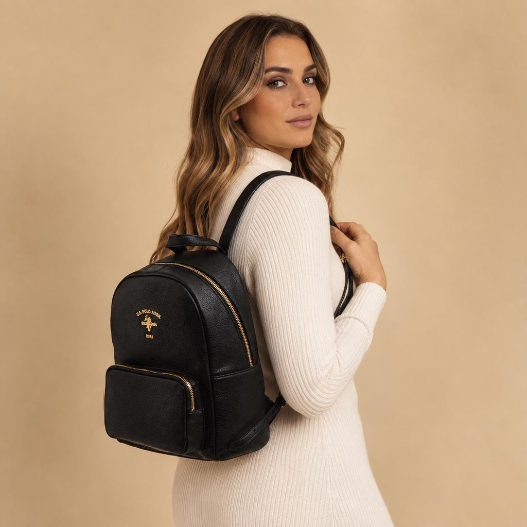 U.S. Polo Assn Black Backpack, Womens Backpack, Gold Hardware Rucksack, Adjustable Shoulder Straps, Everyday Travel Bag