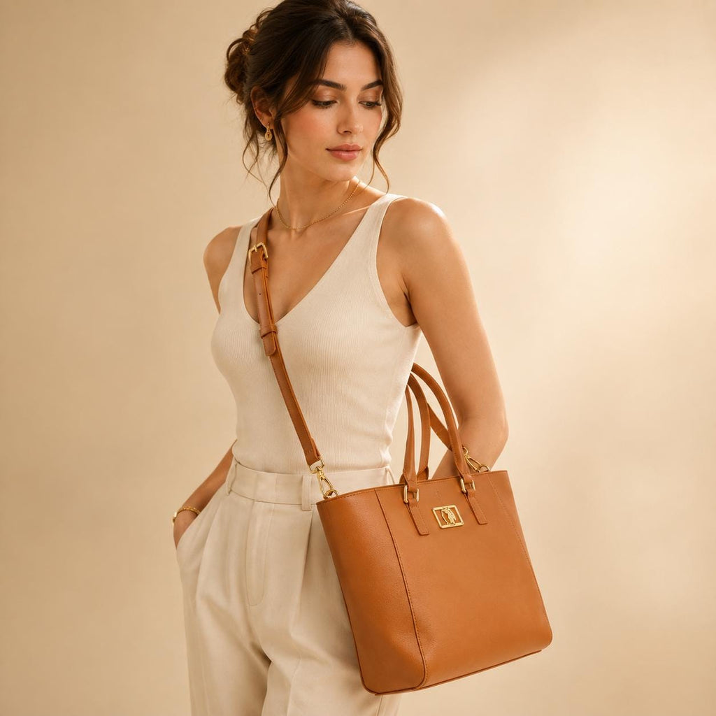 US Polo Assn Burnt Orange Shopper Bag, Large Tote Handbag, Crossbody Shoulder Bag, Detachable Strap, Gold Logo Bag