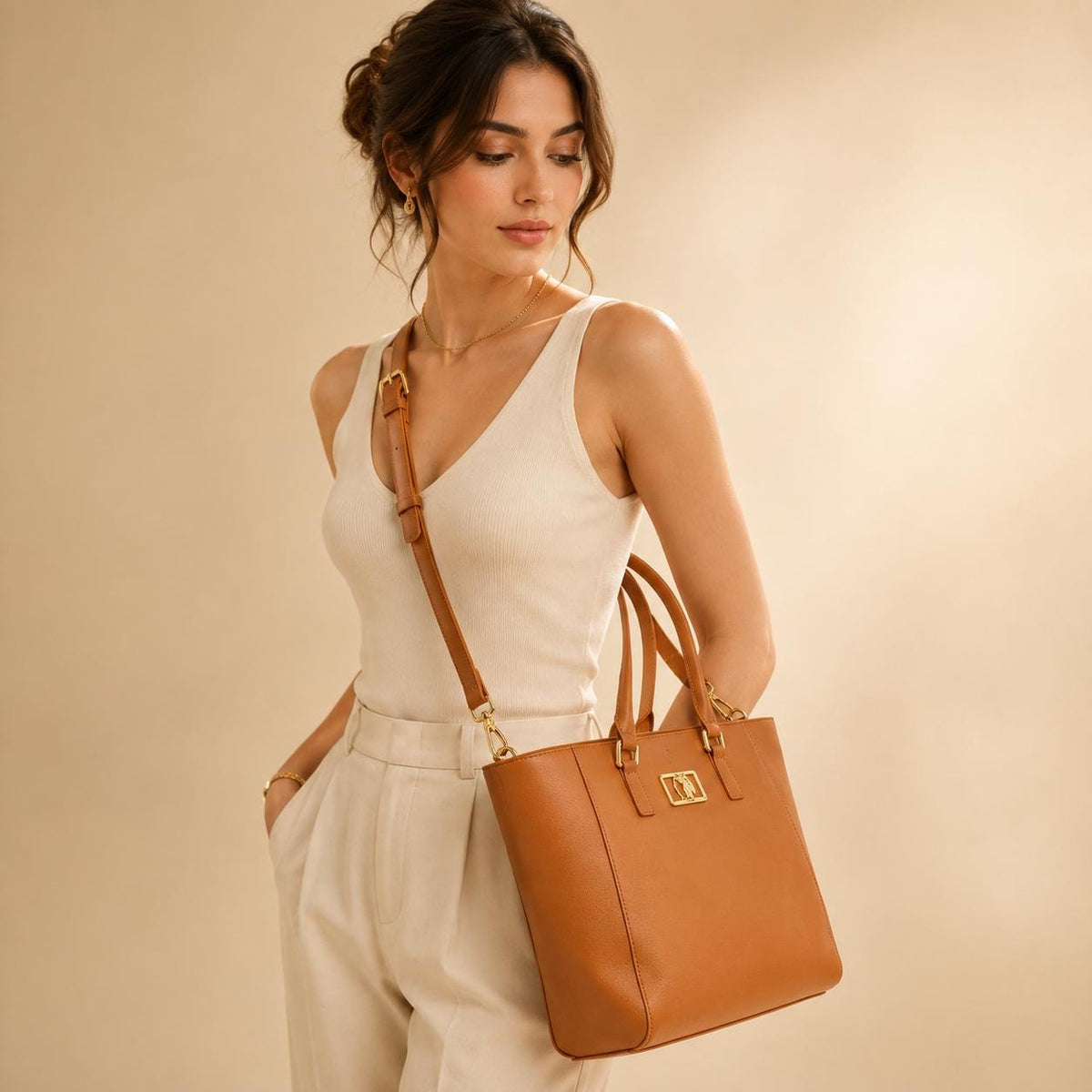 US Polo Assn Burnt Orange Shopper Bag, Large Tote Handbag, Crossbody Shoulder Bag, Detachable Strap, Gold Logo Bag