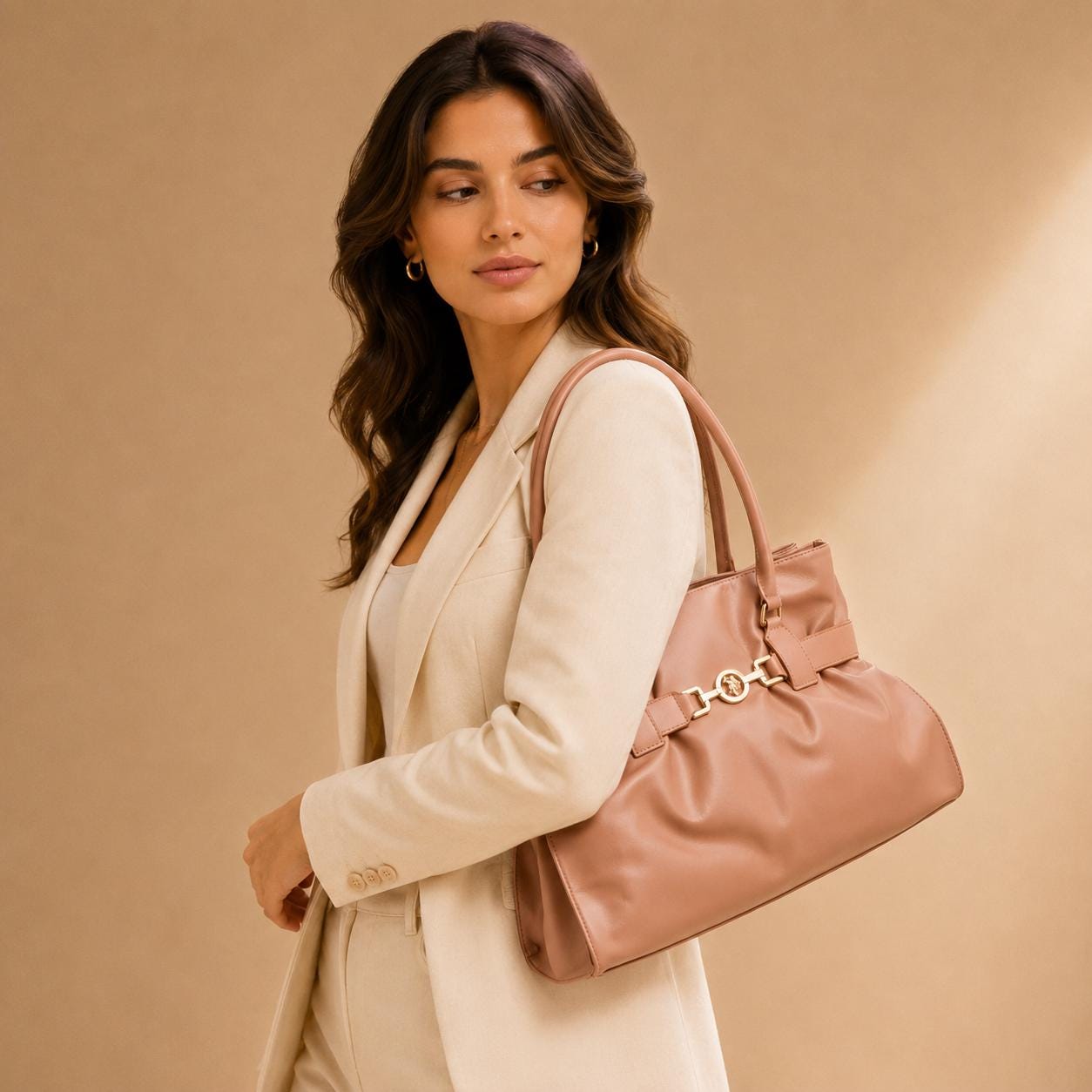 US Polo Assn Peach Tote Bag, Jane Large Shoulder Handbag, Gold Horsebit Shopper Bag, Everyday Womens Purse, Gift for Her
