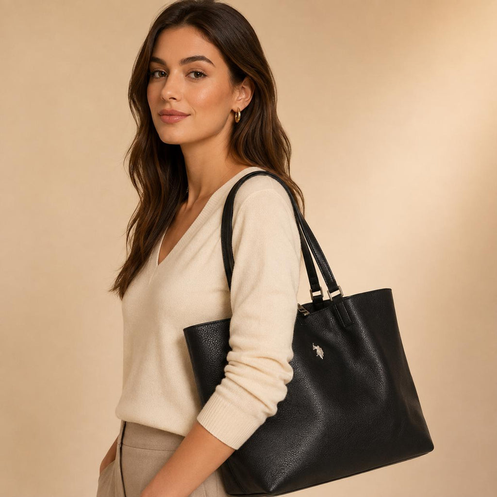 US Polo Assn Black Malibu Tote Bag, Large Womens Shoulder Handbag, Pebbled Everyday Shopper, Silver Logo Work Bag, Gift for Her