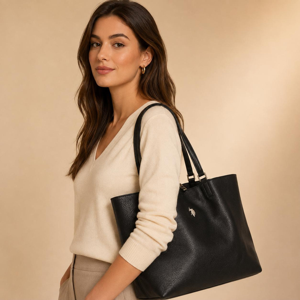 US Polo Assn Black Malibu Tote Bag, Large Womens Shoulder Handbag, Pebbled Everyday Shopper, Silver Logo Work Bag, Gift for Her