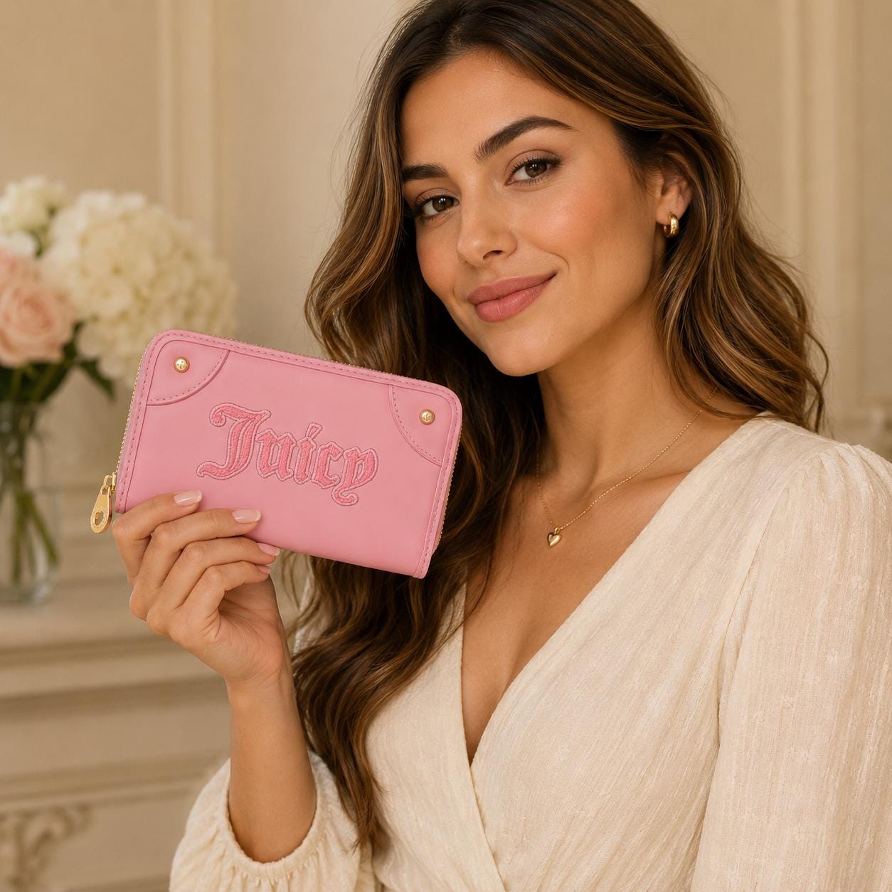 Juicy Couture Pink Zip Around Purse, Faux Leather Wallet, Wristlet, Card Holder, Gold Detail Womens Purse, Gift for Her