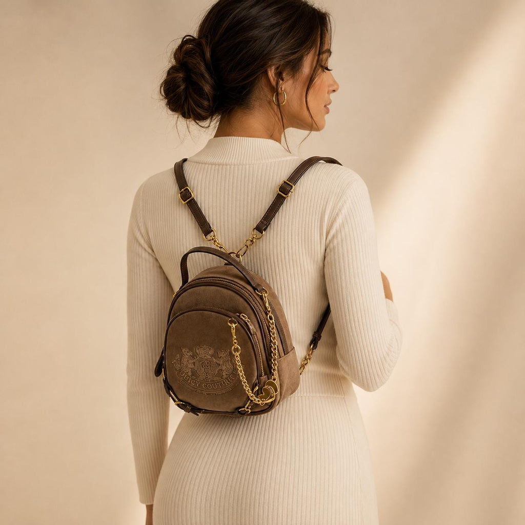 Juicy Couture Brown Plush Mini Backpack, Embroidered Logo Backpack, Gold Tone Chain Bag, Women’s Designer Style Backpack