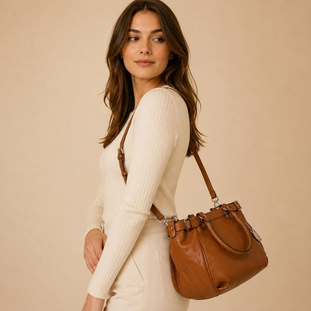 Juicy Couture Tan Shoulder Bag, Twig Narrative Handbag, Brown Crossbody Bag with Pouch, Silver Charm Designer Bag