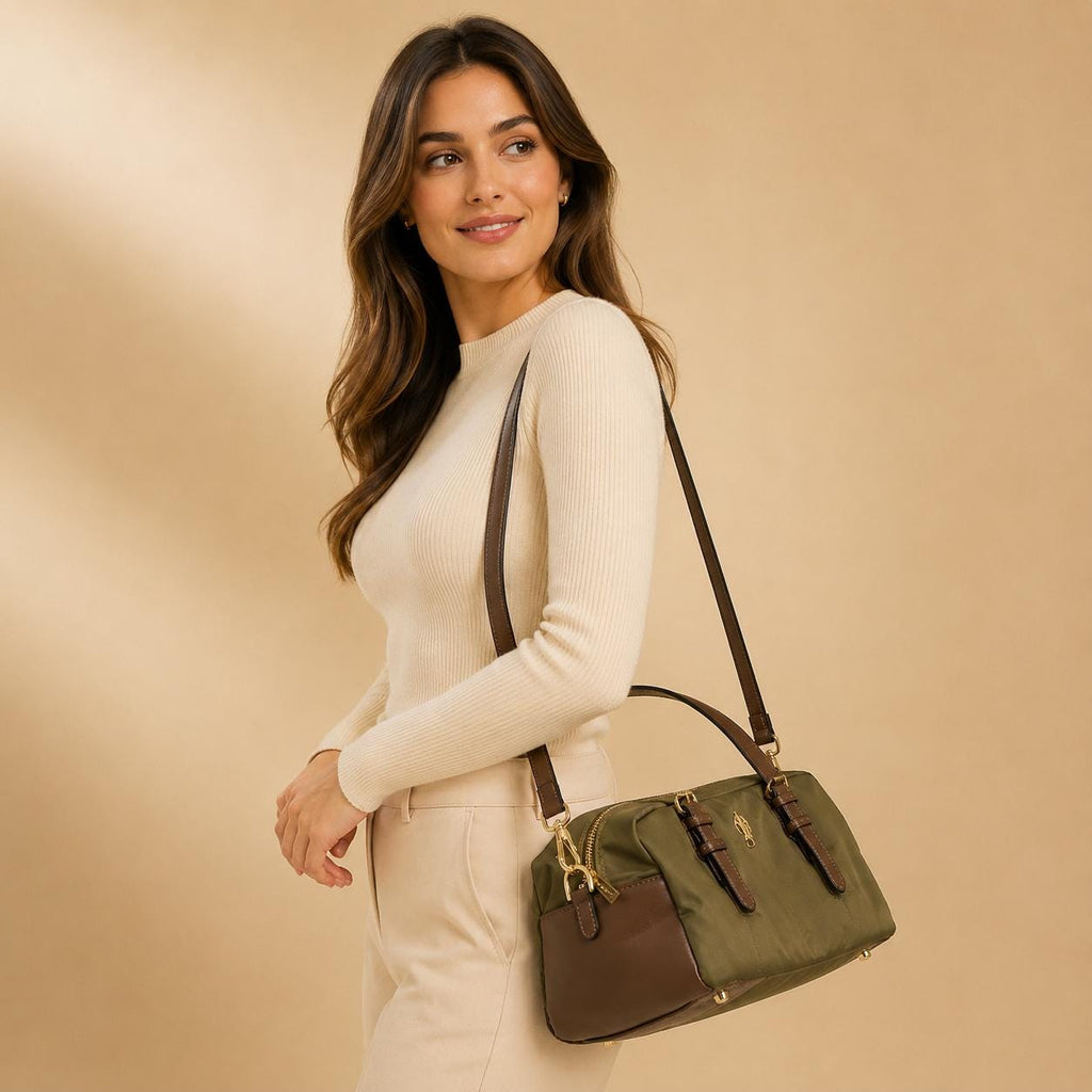 US Polo Assn Khaki Bowling Bag, Olive Green Shoulder Bag, Brown Trim Satchel, Gold Hardware Handbag, Everyday Bag for Women