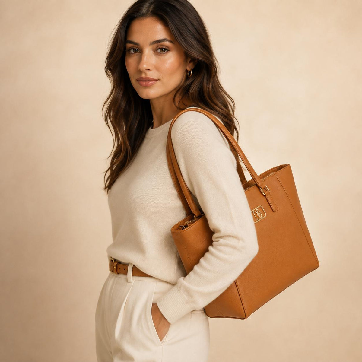 U.S. Polo Assn Tan Tote Bag, Large Shoulder Handbag, Brown Everyday Bag, Gold Logo Work Tote, Womens Shopper Bag, Gift for Her