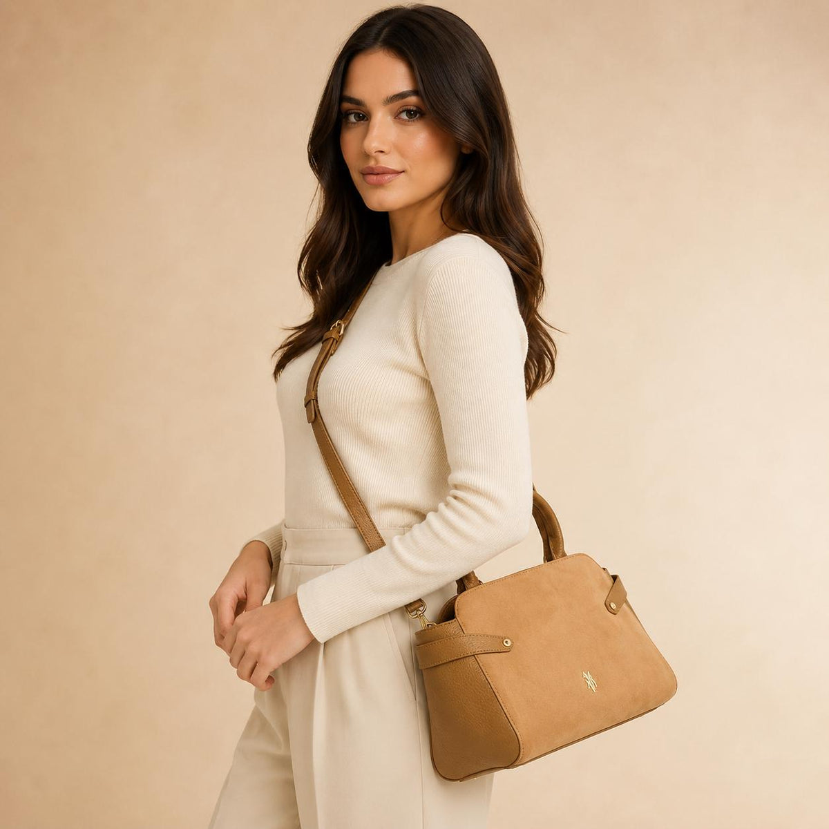 U.S. Polo Assn. Tan Grab Bag, Camel Shoulder Handbag, Suede Look Top Handle Bag, Crossbody Purse, Gold Logo Bag, Gift for Her