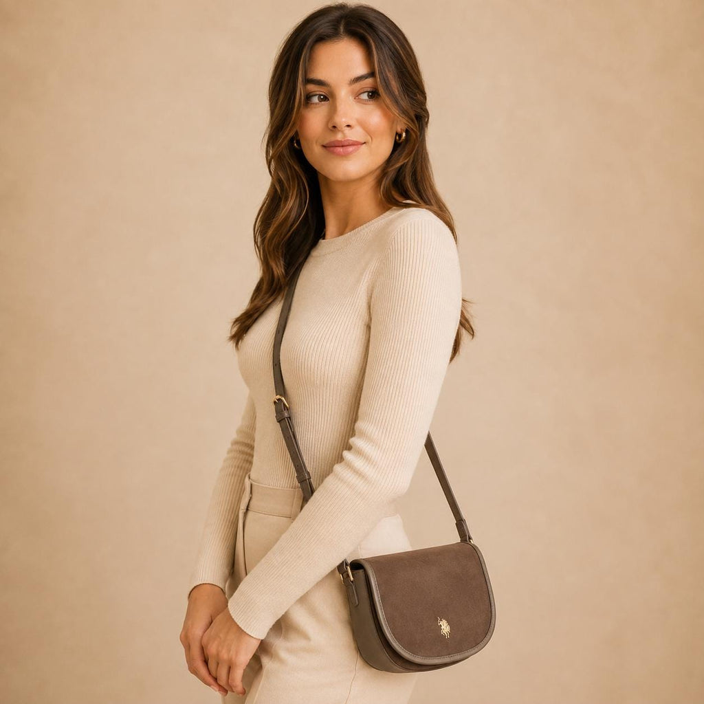 U.S. Polo Assn. Taupe Crossbody Bag, Jones Saddle Shoulder Bag, Adjustable Strap Handbag, Gold Logo Purse, Gift for Her