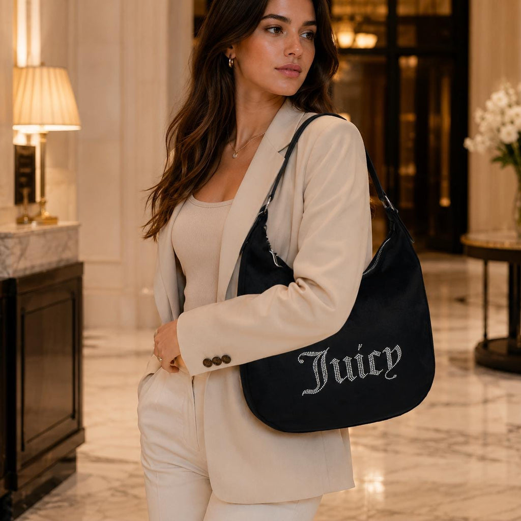 Juicy Couture Black Velour Shoulder Bag, Rhinestone Logo Hobo Bag, Detachable Pouch Handbag, Black Designer Purse, Gift for Her
