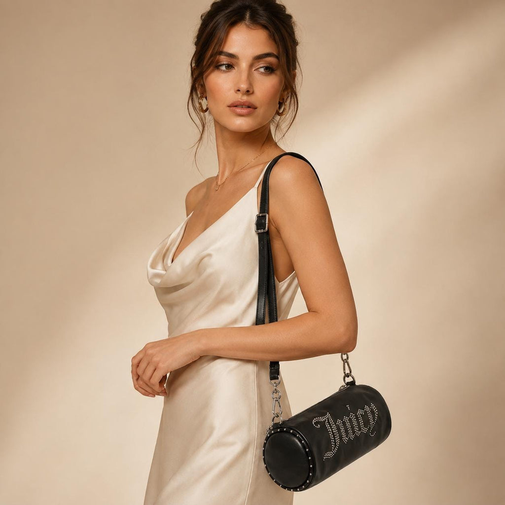 Juicy Couture Black Kimberly Barrel Shoulder Bag, Studded Logo Chain Bag, Silver Hardware, Women’s Designer Handbag