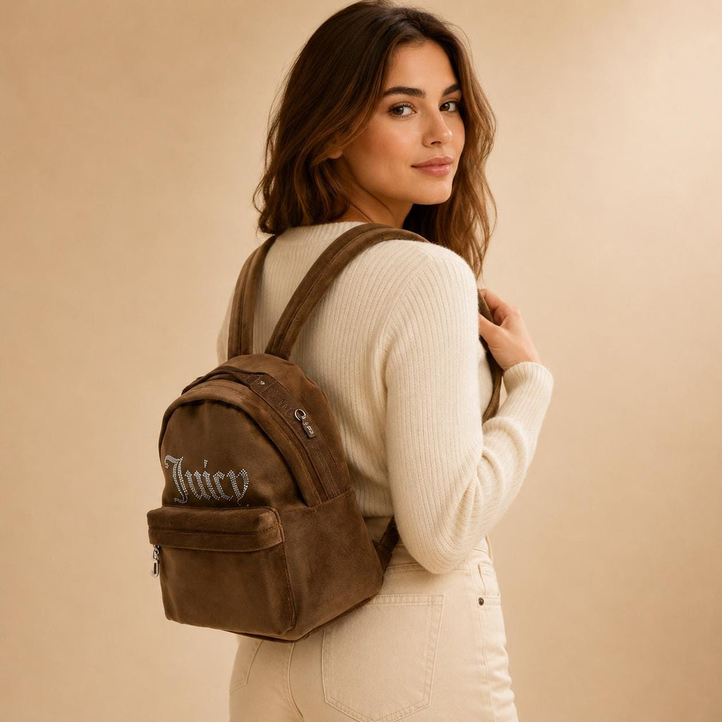 Juicy Couture Brown Velvet Kimberly Backpack, Rhinestone Logo Backpack, Velour Womens Rucksack, Brown Day Bag, Gift for Her