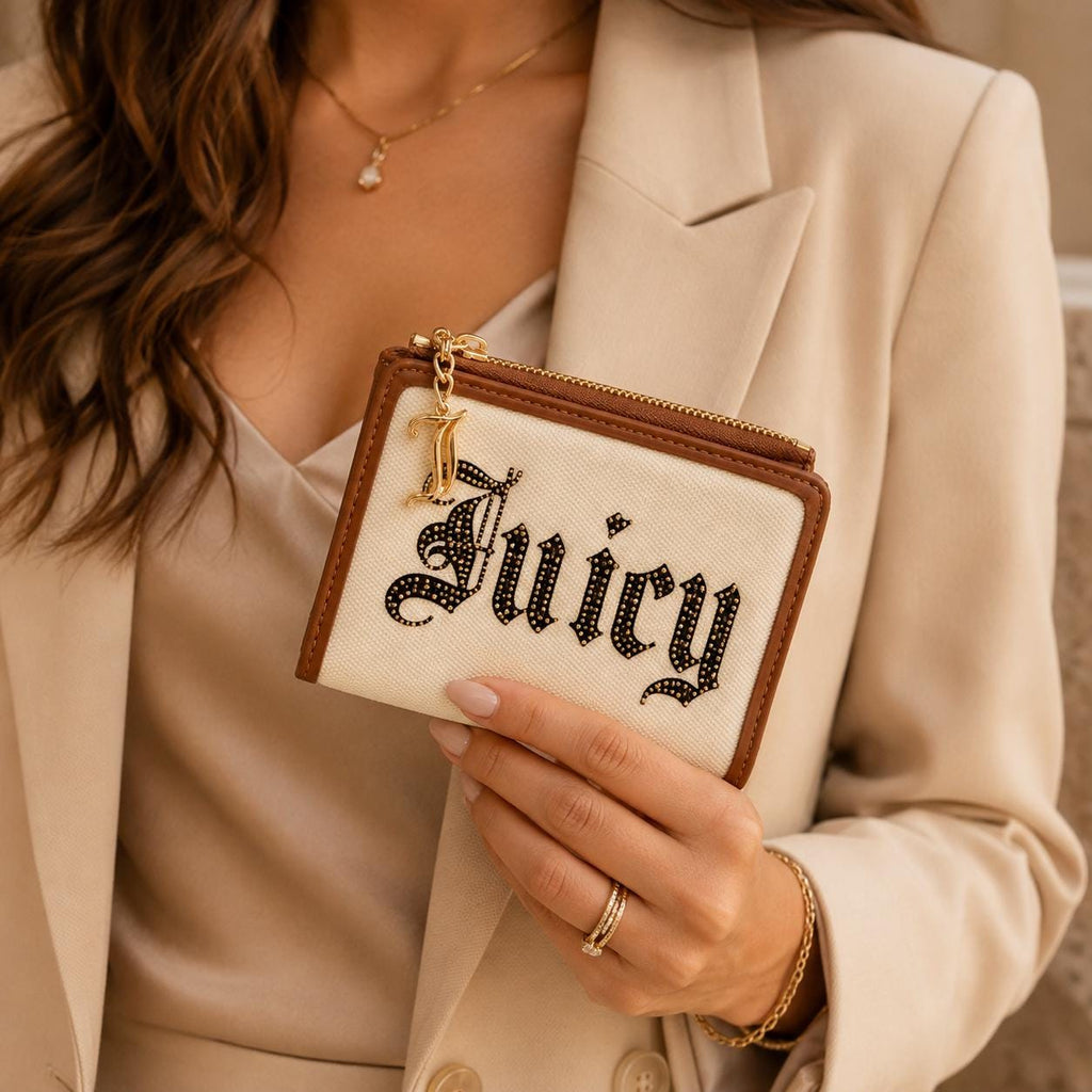 Juicy Couture Beige Tan Wallet, Diamante Madeleine Purse, Canvas Bifold Wallet, Zip Coin Pocket, Gold Charm, Gift for Her