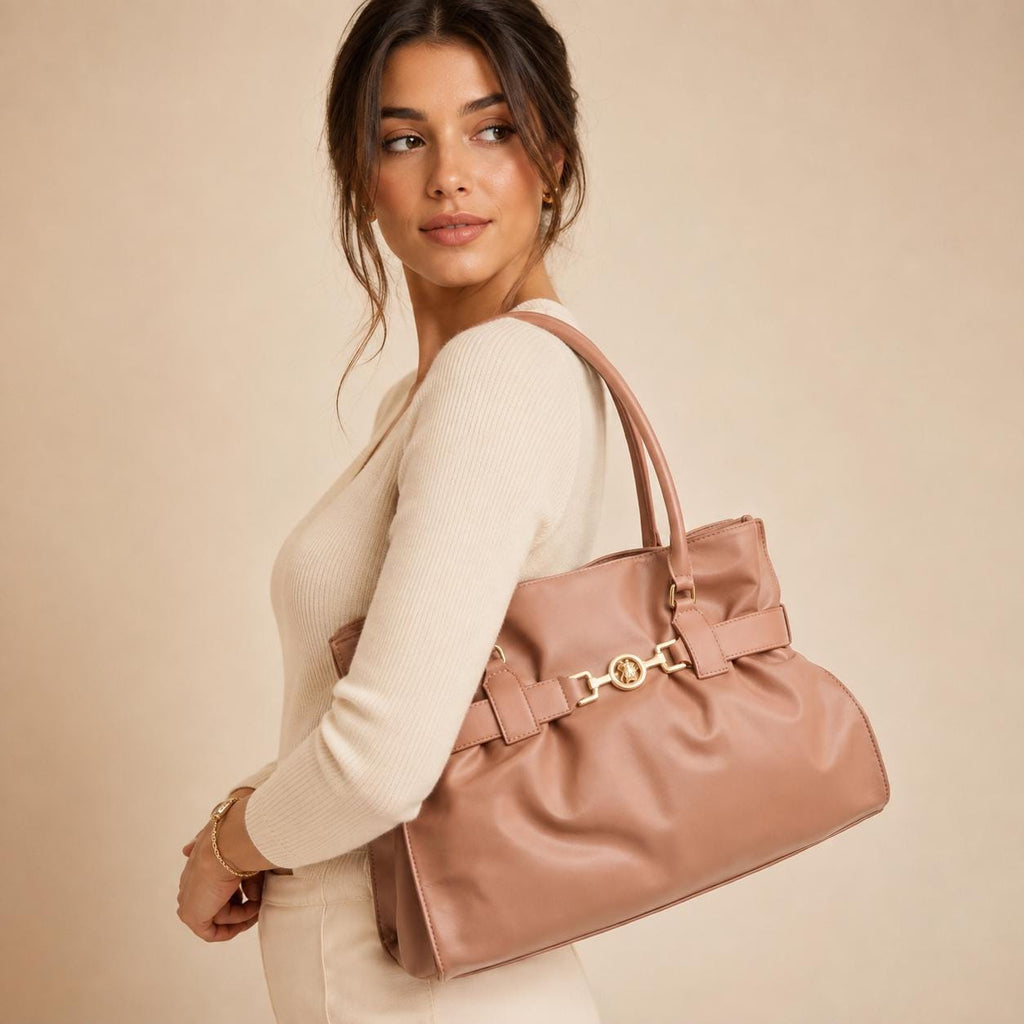 U.S. Polo Assn. Peach Jane Tote Bag, Large Womens Handbag, Gold Horsebit Shoulder Bag, Everyday Work Bag, Gift for Her