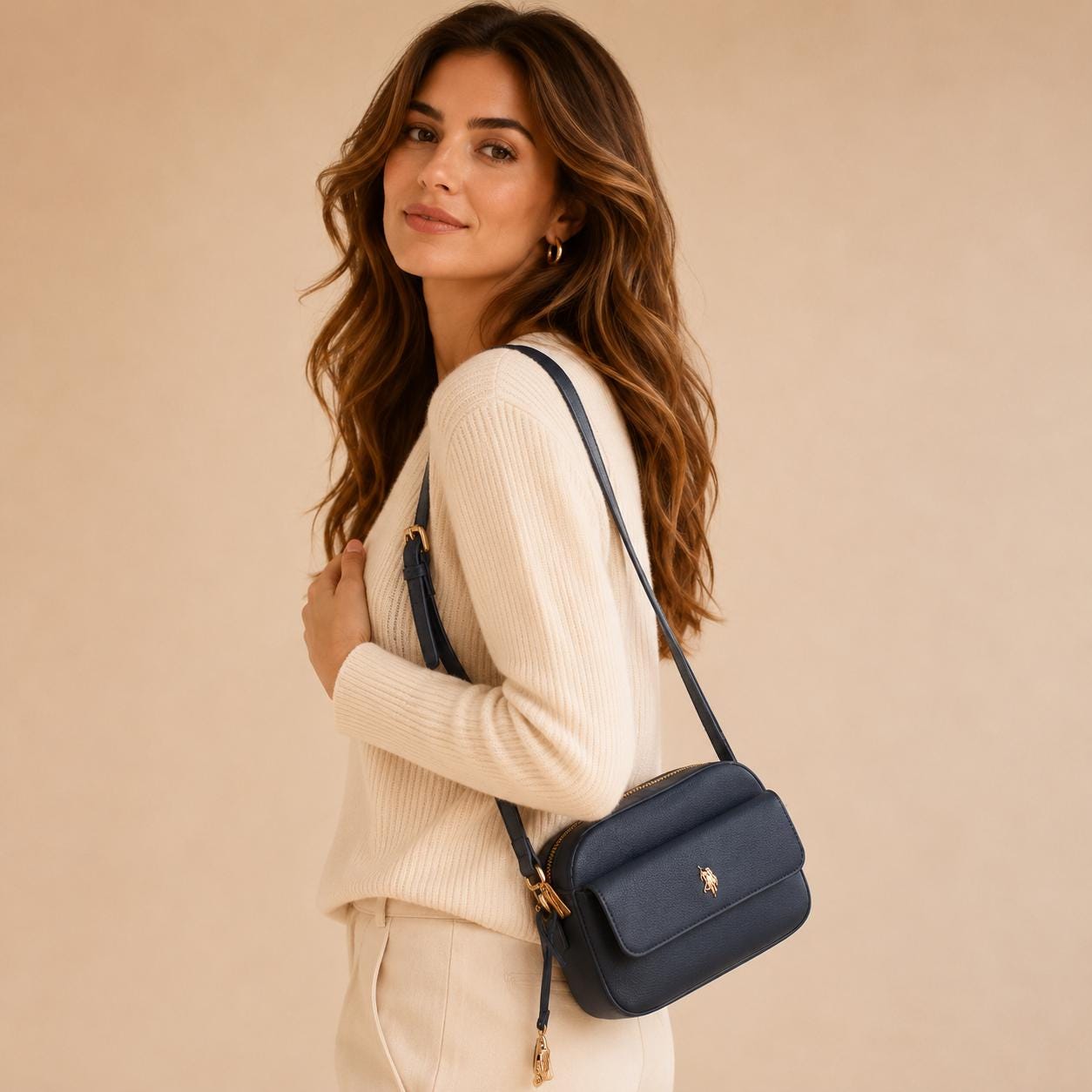 U.S. Polo Assn Navy Crossbody Bag, Blue Shoulder Handbag, Gold Logo Purse, Adjustable Strap Camera Bag, Gift for Her