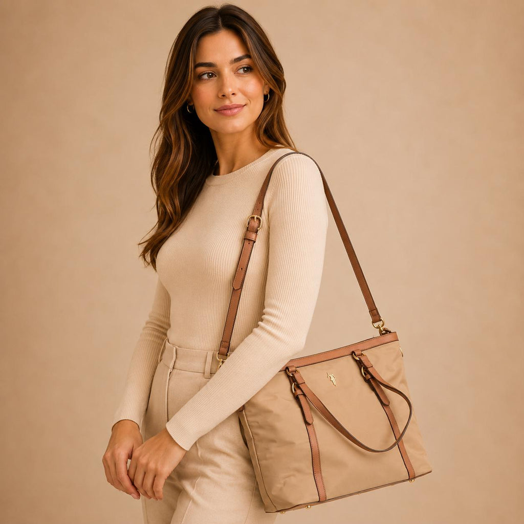 U.S. Polo Assn. Beige Tote Bag, Large Womens Shopping Bag, Nylon Shoulder Handbag, Adjustable Strap Work Bag, Gift for Her