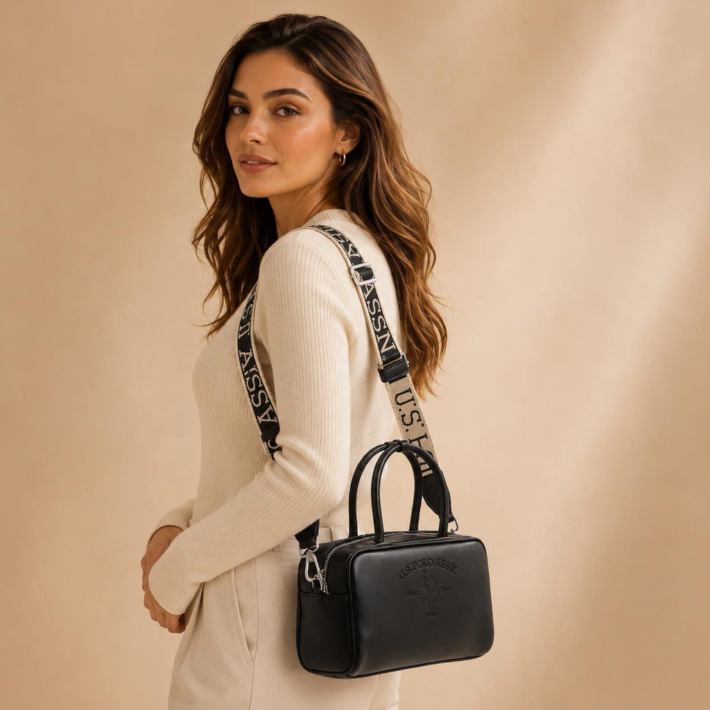U.S. Polo Assn Black Bowling Bag, Faux Leather Shoulder Bag, Embossed Logo Handbag, Detachable Strap, Womens Crossbody Bag