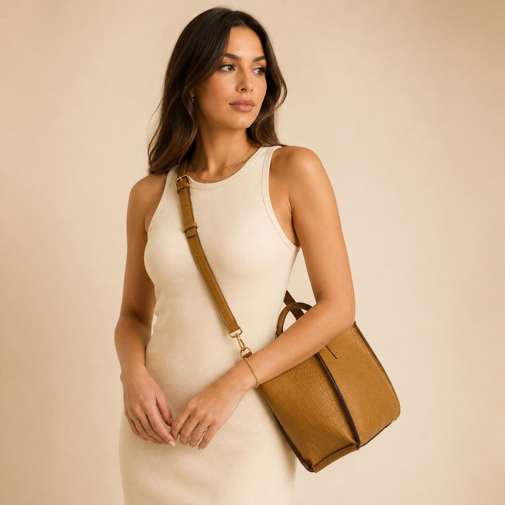 US Polo Assn Brown Reptile Effect Tote Bag, Middleton Womens Shoulder Handbag, Gold Hardware, Crossbody Bag, Gift for Her