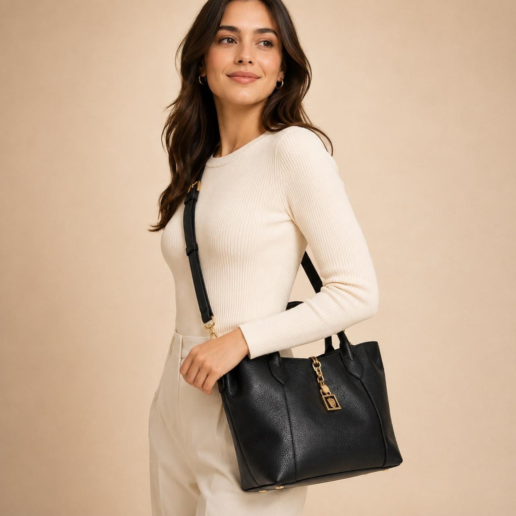 US Polo Assn Black Helcho Tote Bag with Pouch, Womens Pebbled Shoulder Handbag, Gold Hardware Large Shopper, Gift for Her